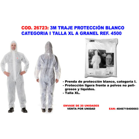 Mono trabajo xl capucha pp desechable blanco p4500 3m