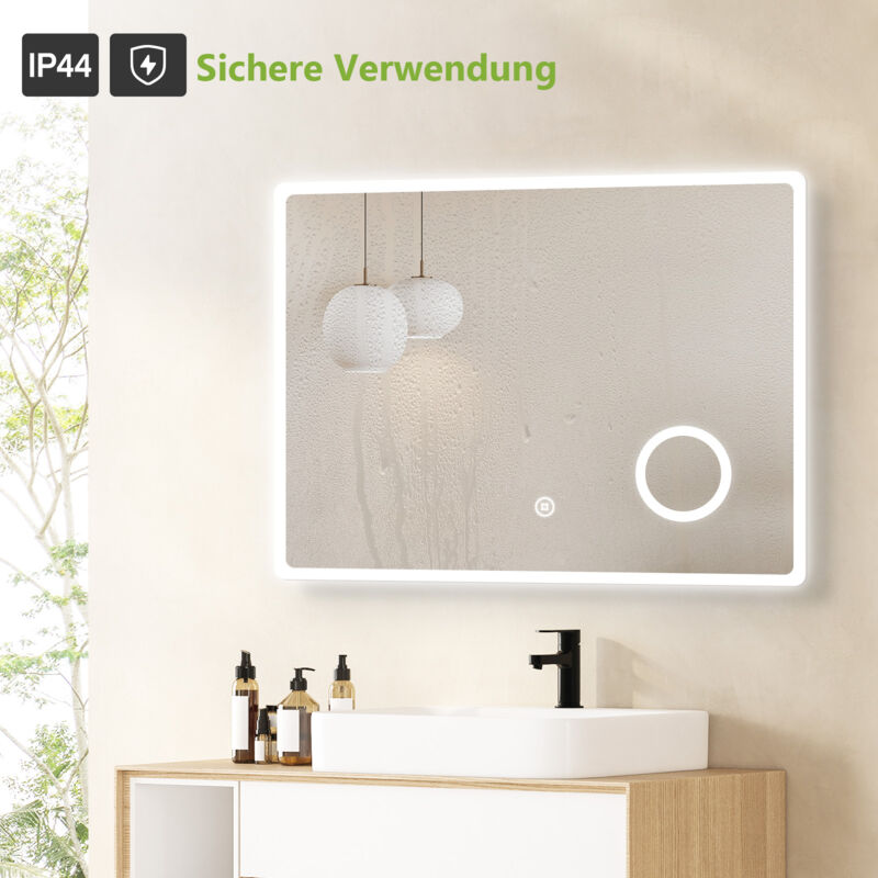 S'AFIELINA Badspiegel Wandspiegel mit Beleuchtung LED Badspiegel mit  Energiesparend, 80×60cm Touchschalter,Beschlagfrei, Dimmbar, 3-fach  Vergrößerung