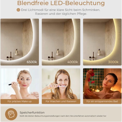 S'AFIELINA Badspiegel mit Beleuchtung 85×50cm LED Touch Schalter Wandspiegel 3 Lichtfarben und Dimmbar, Anti-Beschlag- und Memory-Funktion