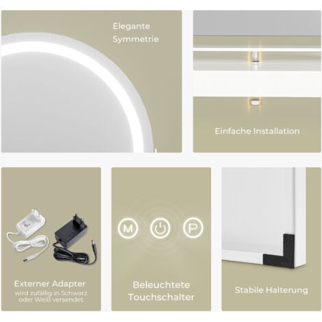 S'AFIELINA Schminkspiegel Kosmetikspiegel Rund mit LED Beleuchtung und Touch Schalter, 3 Lichtfarben Dimmbar Memory Funktion Weißer Rahmen, Φ 60cm