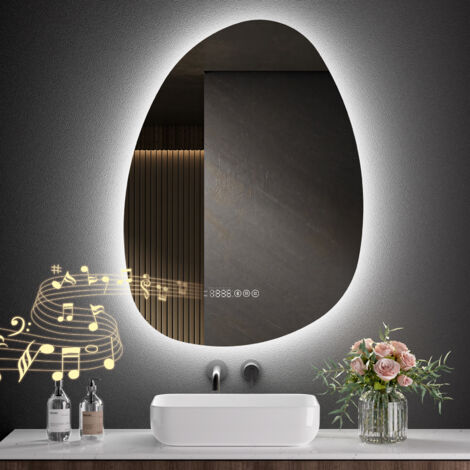 S'AFIELINA Badspiegel mit Beleuchtung Asymmetrisch 75 x 55 cm mit 3 Lichtfarben dimmbar, beschlagfrei, Bluetooth, Uhr, Temperatur, Speicherfunktion