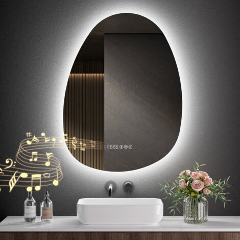S'AFIELINA Badspiegel mit Beleuchtung Asymmetrisch 60 x 45 cm mit 3 Lichtfarben dimmbar, beschlagfrei, Bluetooth, Uhr, Temperatur, Speicherfunktion