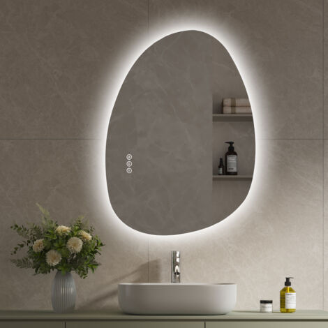 S'AFIELINA 75×55 cm Asymmetrischer Spiegel LED – Badspiegel mit Beleuchtung, Dimmfunktion, horizontal/vertikal montierbar, Antibeschlag,Bad & Flur