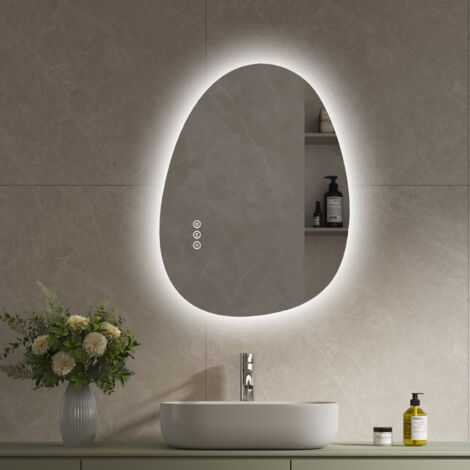 S'AFIELINA 60×45 cm Asymmetrischer Spiegel LED – Badspiegel mit Beleuchtung, Dimmfunktion, horizontal/vertikal montierbar, Antibeschlag,Bad & Flur