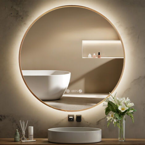 S'AFIELINA Runder Badspiegel LED Badezimmerspiegel mit Beleuchtung,Wandspiegel mit TouchSchalter und Beschlagfrei Taste Neutralweißes Licht,Digitaluhr,IP44 Goldener Metallrahmen 80 cm