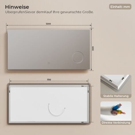 S'AFIELINA LED Badspiegel Badezimmerspiegel mit Beleuchtung Wandspiegel mit Touch-Schalter 6500K Kaltweiß Energiesparend Lichtspiegel mit 3-Fach Vergrößerung 120 x 60 cm