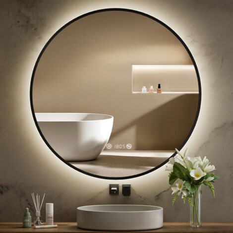 S'AFIELINA Runder Badspiegel LED Badezimmerspiegel mit Beleuchtung,Wandspiegel mit TouchSchalter und Beschlagfrei Taste Neutralweißes Licht,Digitaluhr,IP44 Schwarz Metallrahmener 80 cm