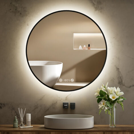 S'AFIELINA Runder Badspiegel LED Badezimmerspiegel mit Beleuchtung,Wandspiegel mit TouchSchalter und Beschlagfrei Taste Neutralweißes Licht,Digitaluhr,IP44 Schwarz Metallrahmener 60 cm