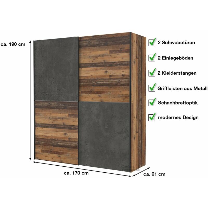 Schwebetürenschrank Old Wood - grau 170 cm - DEDERIK - Die Möbelfundgrube