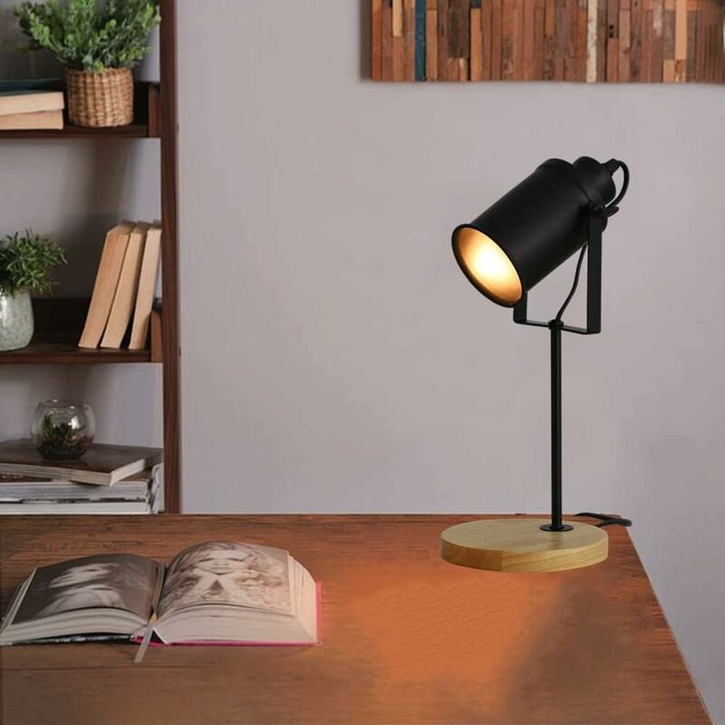 COMELY Adjustable table lamp, E27 Wooden and metal desk lamp, black bedside  lamp is suitable for living room study room (bulb not included)