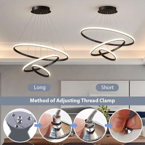 COMELY Modern LED Pendant Light, 3 Rings (20+40+60cm), LED Chandelier 3000k / 4500k / 6500k 3 Colors, Adjustable Height, for Dining Table, Living Room, Dining Room, Bedroom - Black