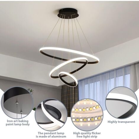 COMELY Modern LED Pendant Light, 3 Rings (20+40+60cm), LED Chandelier 3000k / 4500k / 6500k 3 Colors, Adjustable Height, for Dining Table, Living Room, Dining Room, Bedroom - Black