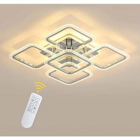 COMELY Modern LED Ceiling Light, Dimmable 2700K-6500K Ceiling Lighting with Remote Control, 60CM Acrylic Square Chandelier for Bedroom, Living Room (80W, 5 Lights, Chrome)