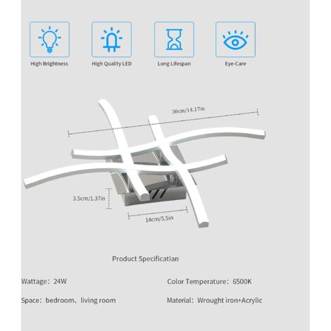 COMELY LED Ceiling Light with Creative Design, 4 Lamps, Crossed Wave Shape, IP20, Diameter 36CM, for Living Room, Bedroom, Kitchen - Silver - 24W - Cool White Light 6500K