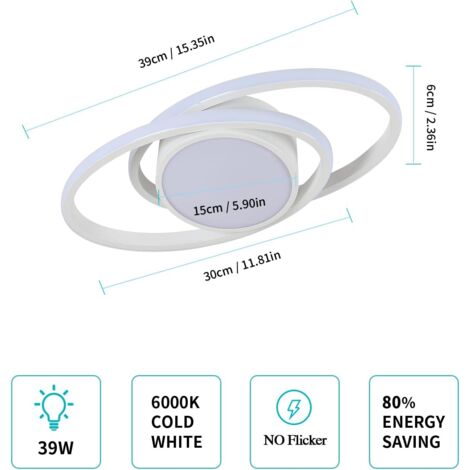 COMELY Modern LED Ceiling Light 39W, Creative Double Ellipse, Diameter 39cm, for Bedroom, Living Room, Kitchen, Hallway, Entryway - White - White Light 6500K
