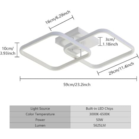 COMELY LED Ceiling Light, 42W 4700LM, Square Acrylic Ceiling Lamp, Modern Aluminum Luminaire 59CM for Kitchen, Dining Room, Bedroom - White - Dimmable with Remote Control