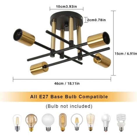 COMELY Industrial Ceiling Light with 4 Metal Lights, E27 Sockets, Vintage Style, Retro Ceiling Lamp for Living Room, Kitchen, Dining Room, Bedroom - Black and Gold (Bulbs not Included)