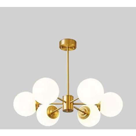 6 Lights Glass Sputnik Chandelier Lighting Gold Satin Brass Modern Pendant Lights White Globe Shade Pendant Hanging Light Fixtures for Bedroom Living Room Kitchen Hallway
