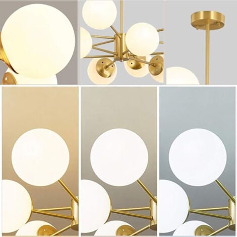 6 Lights Glass Sputnik Chandelier Lighting Gold Satin Brass Modern Pendant Lights White Globe Shade Pendant Hanging Light Fixtures for Bedroom Living Room Kitchen Hallway