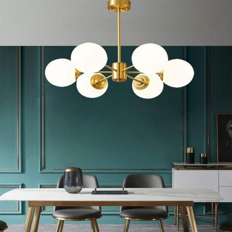 6 Lights Glass Sputnik Chandelier Lighting Gold Satin Brass Modern Pendant Lights White Globe Shade Pendant Hanging Light Fixtures for Bedroom Living Room Kitchen Hallway