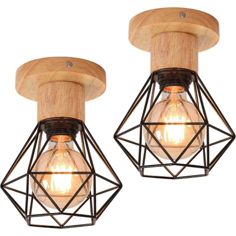 COMELY Set of 2 E27 Vintage Chandelier Ceiling Lights, Wooden and Metal Cage Style Ceiling Lamp, Retro Industrial Pendant Light Fixture for Living Room Kitchen Bedroom, Black (Bulb Not Included) (1/5)