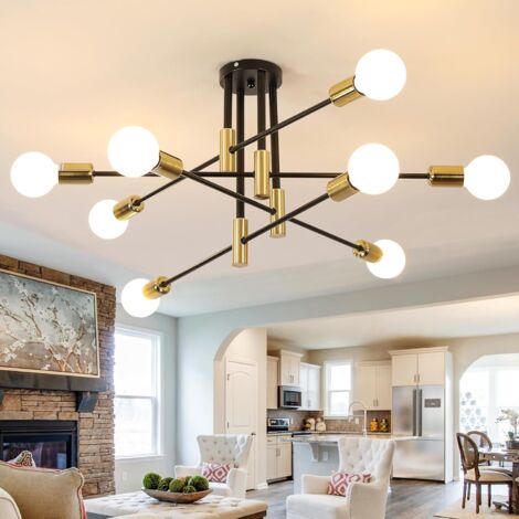COMELY 8-Lights Industrial Ceiling Light, 90cm Vintage Sputnik Chandelier E27, Industrial Ceiling Light Living Room Black with Gold, Ceiling Lamp for Living Room Bedroom Dining Room Kitchen (No Bulbs)