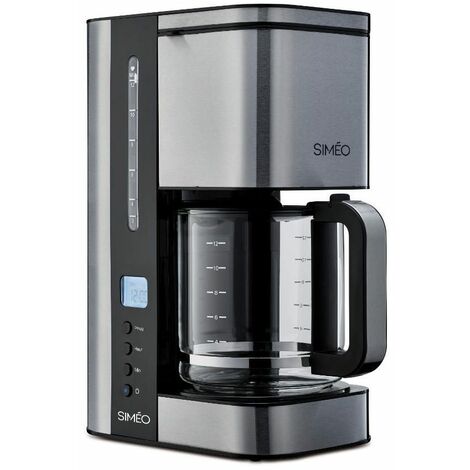 Cafetière filtre compacte 1,5 L – 12 tasses – Écran LCD – Système anti-gouttes – Arrêt automatique 30 min – Verseuse en verre inox – Simeo