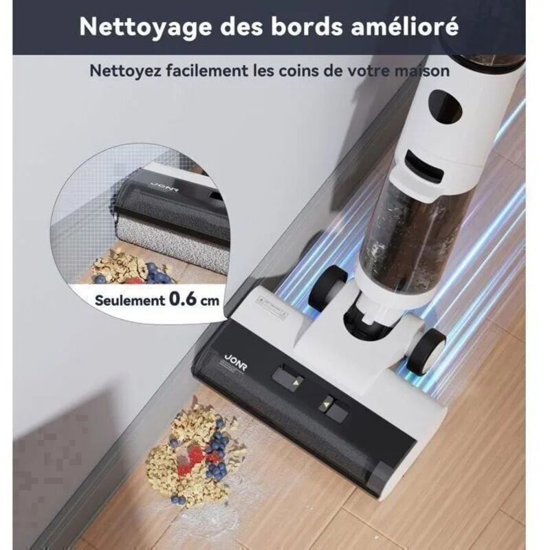 JONR ED12 Aspirateur sans Fil Portable Sec et Humide, Puissant 9KPa 200W Autonome 30 Minutes, Nettoyage des Bords, Fonction de Nettoyage Automatique Intelligente, Adapté Aux Sols Durs 3