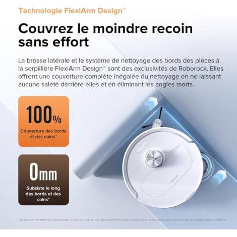 Roborock Qrevo Master Aspirateur Robot avec FlexiArm Brosse & Serpillière pour Couverture des Coins, Aspirateur Laveur avec Deux Serpillières & Brosse DuoRoller Soutient 10000Pa, Détecteur de Saleté
