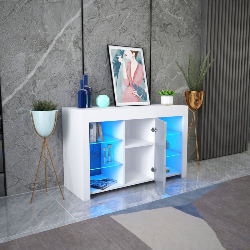 White Sideboard Cabinet, 94CM Modern White Gloss Sideboard Storage Cabinet, Wooden Cupboard Display Cabinets With LED Lights 4 Glass Shelves For Dining Room Living Room Home Furniture