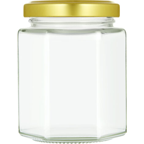 196ml/7oz Jam Jars with Lids Pack of 36 Hexagonal Jam Jars Glass Honey Jars Pickles Chutneys Storage with Screw Gold Lids