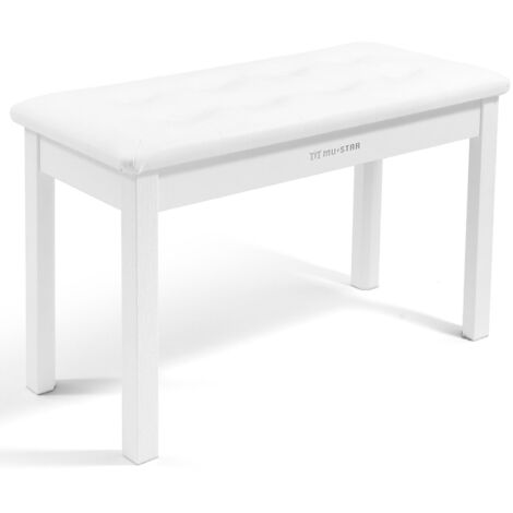 MUSTAR Piano Bench Keyboard Stool, Solid Hard PU Leather Wooden Digital Piano Stool with Large Storage (White)