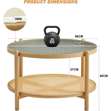 COSVALVE Boho Rattan Coffee Table, Round Glass Metal End Table, Modern Simple 2 Tier side Table for Sofa Bed Side Small Space Living Room Bedroom Office Meeting Room