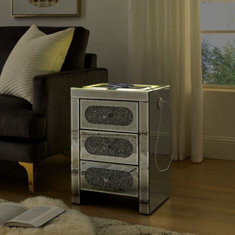 Mirrored Silver Bedside Table Nightstand - Wireless/USB/Type C Charging, Modern LED Side Table with Crystal Drawers Storage Cabinet for Bedroom Living Room, No Assembly Needed