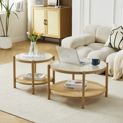 Boho Rattan Coffee Table Set of 2 - Round Glass & Metal 2-Tier Center Table, Modern Simple Middle Table for Small Space Living Room Bedroom Office Meeting Room