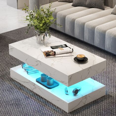 White Marble Coffee Table Furniture - 24 Colors LED Light 2-Tier High Gloss Modern Rectangle Centre Tea Table for Living Room Home Office