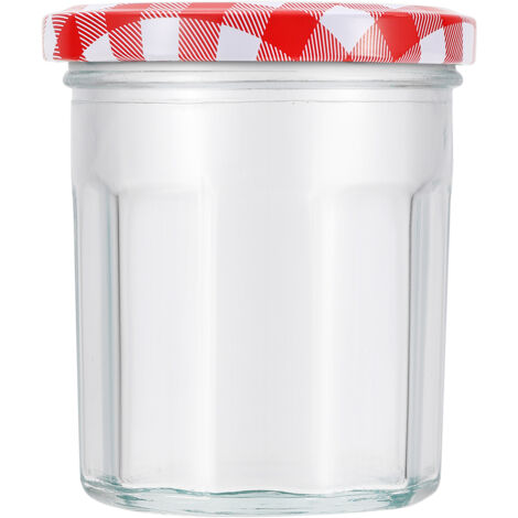 24 Pack 200ml/7oz Wide Mouth Glass Jam Jars with Red Gingham Screw Lids - Includes 24 Labels, Ideal for Honey, Pickles, Chutneys & Storage