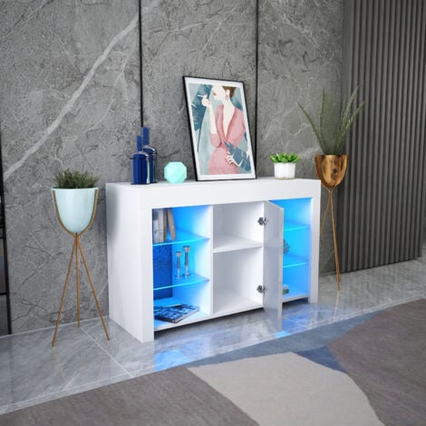 White Sideboard Cabinet, 94CM Modern White Gloss Sideboard Storage Cabinet, Wooden Cupboard Display Cabinets With LED Lights 4 Glass Shelves For Dining Room Living Room Home Furniture