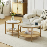 Boho Rattan Coffee Table Set of 2 - Round Glass & Metal 2-Tier Center Table, Modern Simple Middle Table for Small Space Living Room Bedroom Office Meeting Room