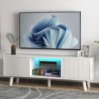 130CM White TV Stand Cabinet Furniture - Fits 50 Inch TV with 2 Storage Doors, LED Lights & Adjustable Glass Shelves, Wooden Media Unit for Living Room Entertainment Center