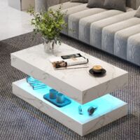 White Marble Coffee Table Furniture - 24 Colors LED Light 2-Tier High Gloss Modern Rectangle Centre Tea Table for Living Room Home Office