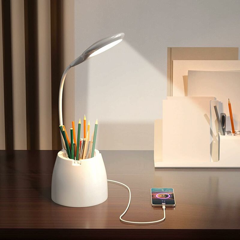 Lampada da tavolo, lampada da scrivania con caricabatterie wireless, 3  modalità di illuminazione per la protezione degli occhi, tubo regolabile a  360 gradi, con portapenne e porta cellulare, bianco : :  Illuminazione