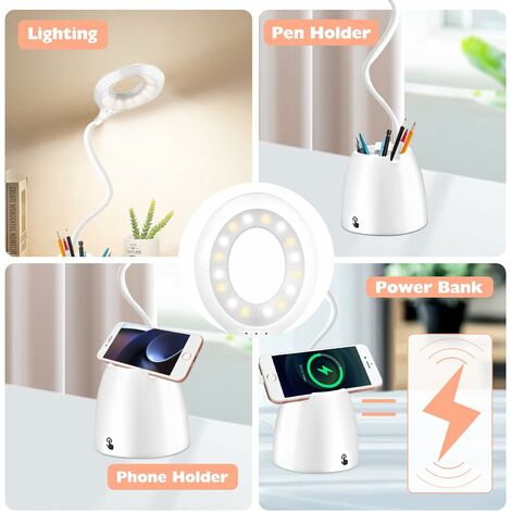 Lampada da tavolo, lampada da scrivania con caricabatterie wireless, 3  modalità di illuminazione per la protezione degli occhi, tubo regolabile a  360 gradi, con portapenne e porta cellulare, bianco : :  Illuminazione