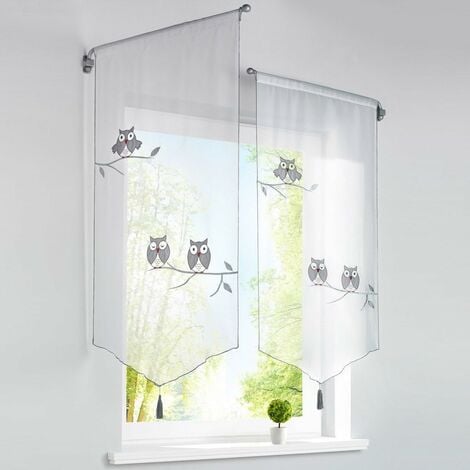RHAFAYRE 1 pezzo Tenda per finestra LxA/60x120 cm Poliestere trasparente  Grigio Gufo Ricamo con nappa