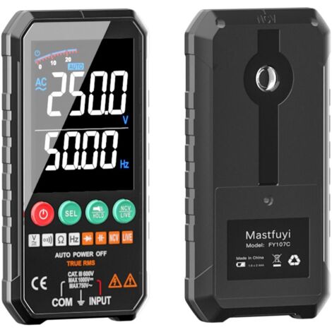 Mastfuyi Multimètre numérique LCD super fin de 3,3 pouces, 6000 points True RMS, compteur universel, haute précision, mesure intelligente, tension AC/DC, résistance, capacité, fréquence (FY107C) (1/5)