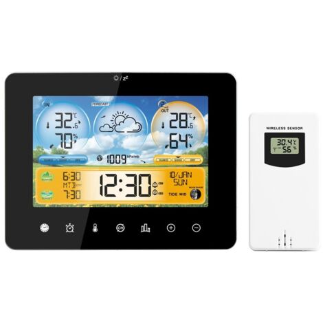 Station météo, Station météo intelligente FJ3362M avec horloge Compteur de température et d'humidité intérieure et extérieure Multifonctionnel Grand écran couleur Horloge météo Jauge de température et