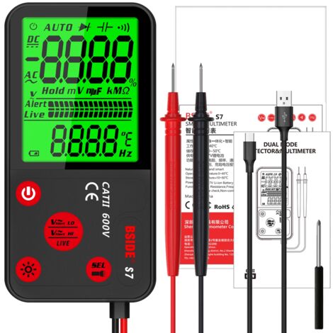Multimètre Numérique Automatique Rechargeable Grand Écran Voltmètre Intelligent Ultra Fin avec NCV Testeur de Tension CC CA Continuité Fréquence Résistance avec Étui (1/5)