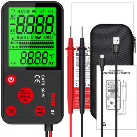 Multimètre Numérique Rechargeable Voltmètre Automatique Ultra-Mince Grand Écran à 3 résultats 6000 comptes Testeur de Tension Multifonction avec NCV Lampe de Poche Cordons de test et Étui (1/5)