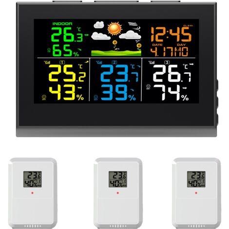 Station météo sans fil avec 3 capteurs – Température intérieure/extérieure - Précision ±1°C - Écran LCD 5 pouces - Alimentation secteur ou piles AAA – Durficst