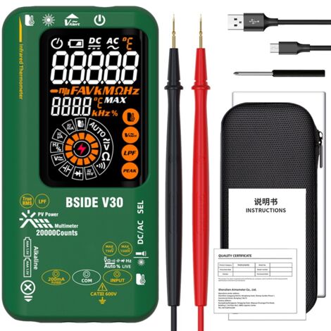 Multimètre numérique photovoltaïque BSIDE, thermomètre infrarouge rechargeable, résolution 0,1 μA 10 μV, multimètre haute tension, testeur d'ampèremètre 20 000 points, mesure D:S = 10:1, NCV, diode, c (1/5)